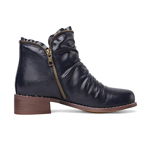 VOKLIN Women's Retro Flat Low Heel Dress Ankle Booties Round Toe Double Zipper Comfort Dressy Short Boots4