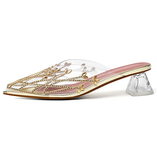 Image of AUMOTED Women's Clear Mule Sandals Pointed Toe Slingback Heels Rhinestone Heels Pumps Wedding Shoes