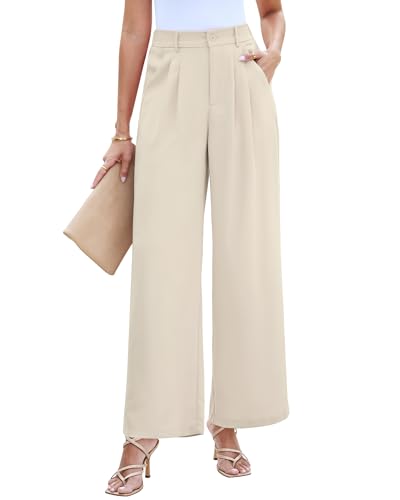 LookbookStore High Waisted Wide Leg Pants for Women - Business Casual Summer Trousers Slacks - Beige Size Medium 8 10