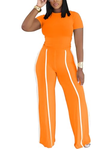 Ulovmi Womens Two Piece Outfit Slim Fit Top Wide Leg Pants Striped Tracksuit Loungewear Casual Outfit Set-Orange-L