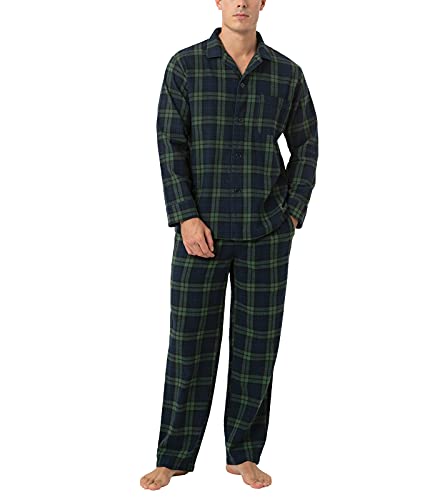 LAPASA - Pijama Hombre Invierno 100% Algodón Franela Pantalones a Cuadros Pijama Largo Camiseta y Pantalón de Pijama M95 XXL Cuadro Verde Oscuro + Azul Marino