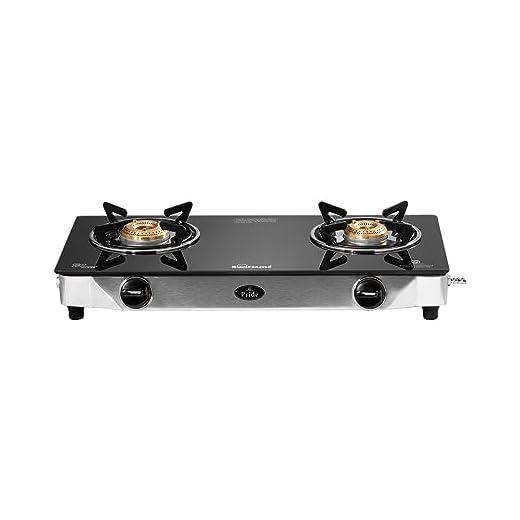 Sunflame PRIDE 2 Burner Gas Stove, Manual Ignition with Toughened Glass Top, Stainless Steel Body, 2 Brass Burners (Silver, Black) (2 BURNER)