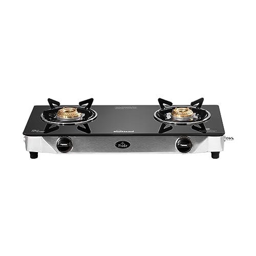 Sunflame PRIDE 2 Burner Gas Stove, Manual Ignition with Toughened Glass Top, Stainless Steel Body, 2 Brass Burners (Silver, Black) (2 BURNER)