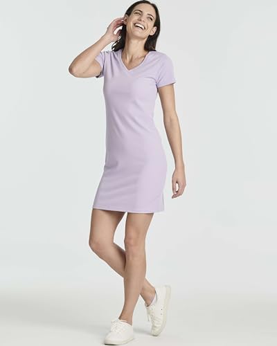 Image of Real Essentials 3 Pack: Women's Ribbed Knit Short-Sleeve V-Neck Swing T-Shirt Casual Dress (Available in Plus)