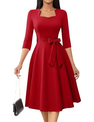 Fit and Flare Wedding Guest Dress for Women Vintage Midi Cocktail Formal Tea Party Dress with 3/4 Sleeve for Modest Church Red M