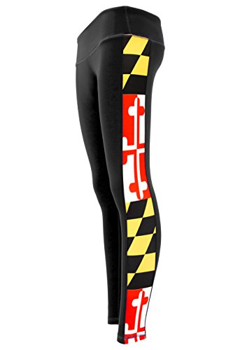 Twin Vision Activewear State Flag Women's High Waisted Full Length Yoga Pant Leggings (Medium, Maryland Flag) Black