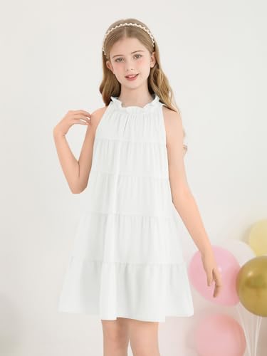 Girls Halter Neck Summer Dress Ruffle Tiered Swing Sleeveless Sundress Flowy A Line Mini Dresses for 5-14 Years2