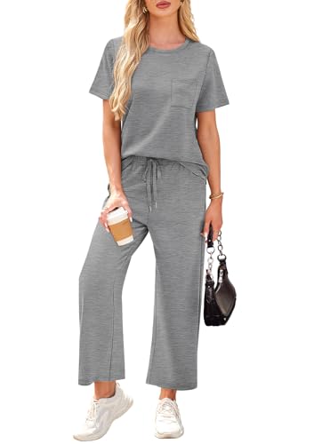 Image of WIHOLL 2 Piece Sets for Women Casual Summer Travel Vacation Outfits Short Sleeve Wide Leg Crop Pants Lounge Sets