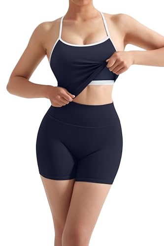 Image of SUUKSESS Women 2 Piece Workout Sets High Waisted Tummy Control Biker Shorts Halter Padded Tank Tops