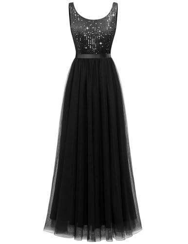 Image of BeryLove Sequin Dress for Woman Vintage A Line Wedding Formal Swing Mesh Dress Sleeveless Cocktail Maxi Gowns