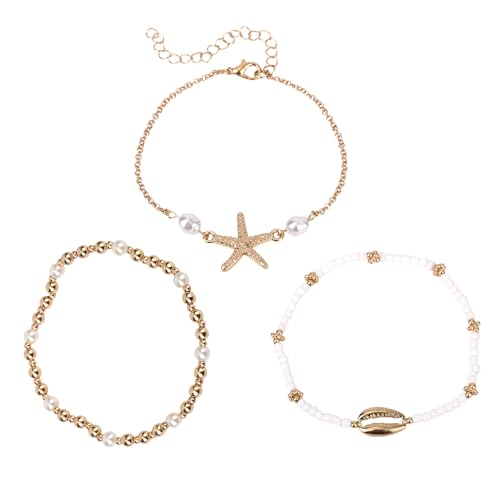 Set di 3 Bracciali Alla Caviglia con Conchiglie, Braccialetti Alla Caviglia Elasticizzati Boho Shell Donne Eleganti Regali Gioielli per Piedi da Spiaggia Estiva Vacanze Festa al Mare (Stile 1)