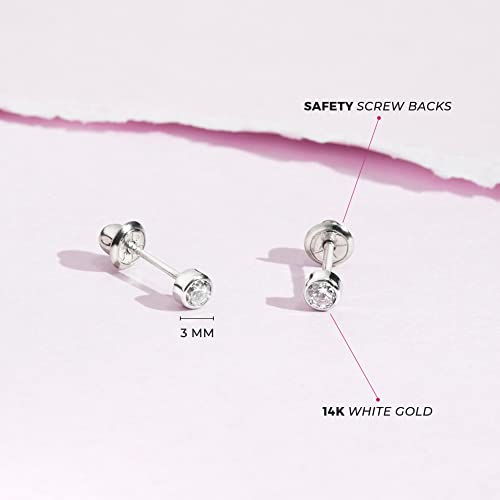 14k White Gold Little Girls 3mm Bezel Set Round Simulated Birthstone Screw Backs, Elegant Stud Earrings for Babies and Toddlers- Safety Screw Back Locking for Children, Cute Bezel Studs for Girls4