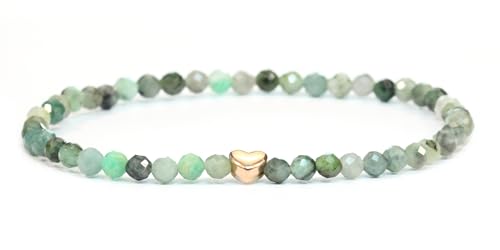 LAKADA Echtes Smaragd Edelstein Armband mit facettierten 4mm Perlen und Edelstahlherz Heilstein Schutzstein Edelsteinarmband Glücksbringer Talisman Geschenk (Smaragd 15CM R)