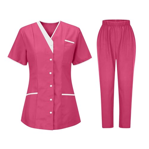 Women's 2PC Tops Housekeeping Nail Coffee Pet Chef Coat Shirts Cleaning Hotel Uniform Waitress Workwear Sets with Pockets