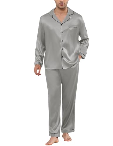 Image of Veseacky Mens Silk Satin Pajamas Set Short Sleeve Sleepwear Button-Down Pjs Sets Two-Pieces Loungewear with Pockets S-XXL