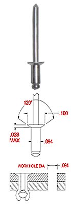 Stainless Blind Rivet with Stainless Mandrel, COUNTERSUNK Head, 3/32 Diameter X .126-.250 Grip Range, (Pack of 100)