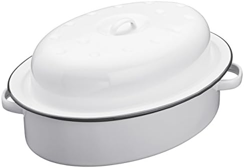 KitchenCraft Living Nostalgia Enamel Self-Basting Roaster with Lid, White/Grey, 33.5 x 24 x 14.5 cm