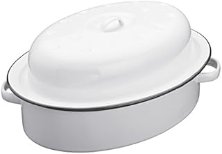 KitchenCraft Living Nostalgia Enamel Self-Basting Roaster with Lid, White/Grey, 33.5 x 24 x 14.5 cm