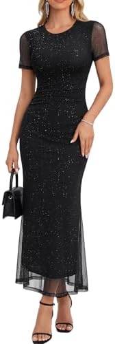 KIFOVEN Women's Sparkly Mesh Short Sleeve Round Neck Bodycon Cocktail Party Long
