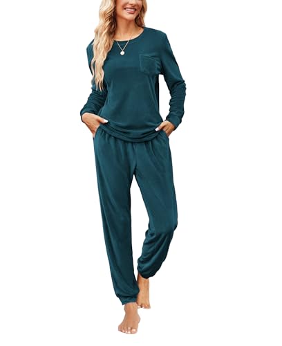 Ekouaer Womens Pajamas Sets Long Sleeve Soft Sleepwear 2 Piece Velvet Pjs Lounge Sets with Pockets
