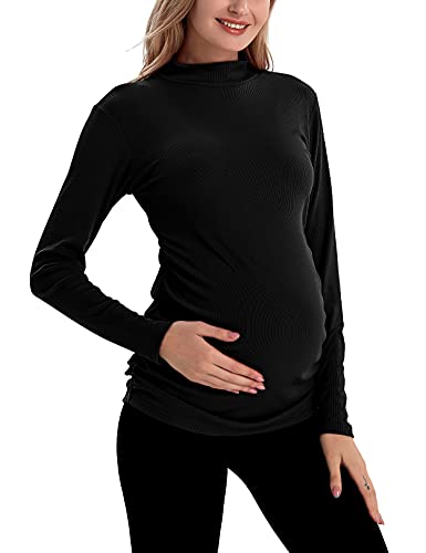 Image of Bhome Maternity Shirt Long Sleeve Pregnancy Top Ribbed Mock Neck Pregnant Pullover