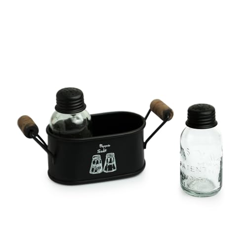 Image of ExclusiveLane 'Mason Bottle' Glass Salt Pepper Set for Dining Table with Iron Holder (Set of 2, 60 ML) | Salt and Pepper Container for Dinning Table Salt and Pepper Dispenser Salt and Pepper Shaker
