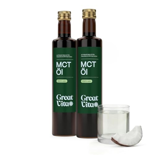 GreatVita MCT Öl auf Kokosölbasis 2x 500 ml | C8 & C10 Fettsäuren, Premium Qualität - 70% Caprylsäure & 30% Caprinsäure - Aufdruck kann variieren