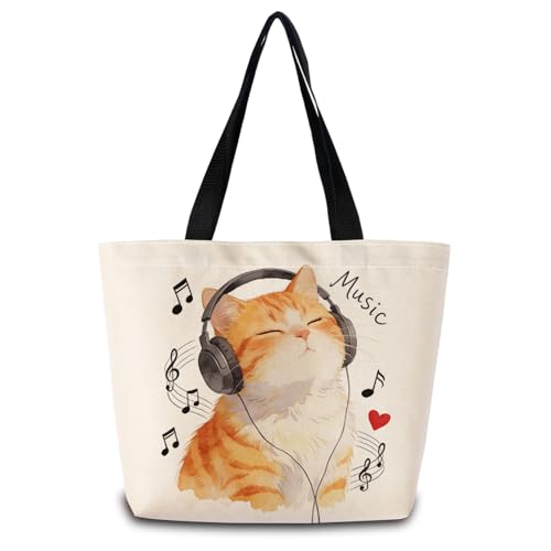 Bolso tote con diseño de auriculares y gato, bolso de hombro ligero y lavable, regalo estético para mujeres y amigas miniatura 1