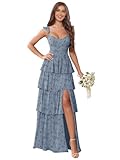 UZN Floral Dusty Blue Chiffon Bridesmaid Dresses for Women 2025 with Slit Tiered Ruffle Long Formal Wedding Guest Dress Size 2