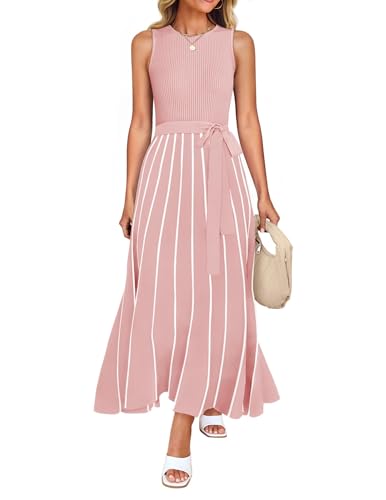 ZESICA Women's Summer Sleeveless Maxi Dress 2026 Crewneck Ribbed Knit Tie Waist Casual A Line Sweater Dresses,Dusty Pink,Medium