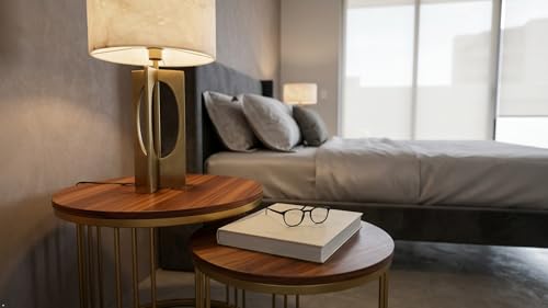 Image of Modern Nesting Table Set of 2 - Round Coffee Table with Engineered Wood Top & Metal Frame, Side Tables for Living Room, Bedroom & Lounge (Gold & Brown)