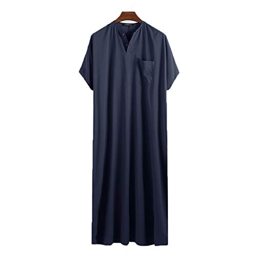 GaoYunQin Mens Muslim Dress, Mens Nightgown, Short Sleeve Ethnic Lounge Clothing Middle East Saudi Arabic Robes with Pockets Loose Pajama Sleep Shirt (Color : Blue, Size : XL)