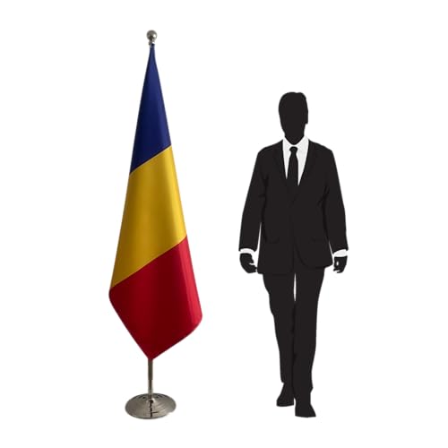 Drapeau Roumanie avec mât et socle de prestige pour ambassades et cérémonies
