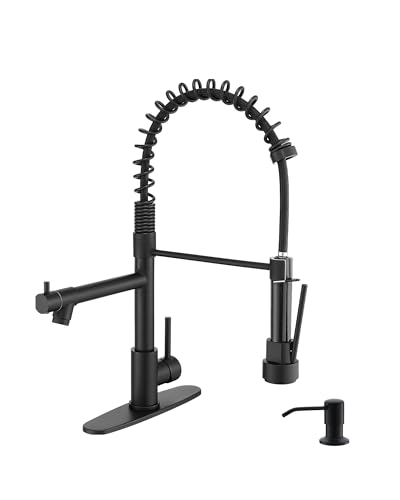 Image of AIMADI Black Kitchen Faucet with Pull Down Sprayer,Stainless Steel | Spring Kitchen Sink Faucet with Soap Dispenser,Modern Single Handle Faucets for Farmhouse,RV,1or 3 Hole