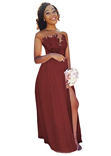 Yilis Women's Illusion Neck A Line Slit Chiffon Lace Applique Bridesmaid Dress Long Prom Dress BurgundyA US16