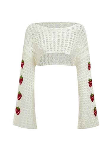 SHENHE Women's Strawberry Top Y2k Knit Shrug Sweater Crochet Crop Hollow Out Long Sleeve See Through Sweater Tops