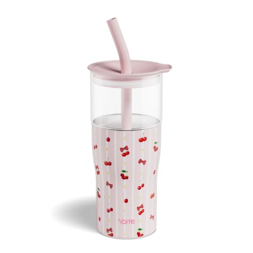 Image of YOME 20oz Stripe Cherry Pink Insulated Glass Tumbler with Lid & Straw for Women Gift | Stainless Steel Iced Coffee Cup | Keep Drinks Cold |Cupholder Friendly |Ideal for Iced Coffee, Smoothies & Boba