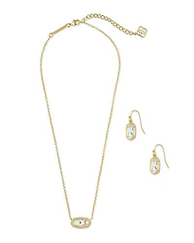 Kendra Scott Elisa Short Pendant Necklace & Lee Drop Earrings Gift Set for Women, Fashion Jewelry, 14k Gold-Plated, Iridescent Dichroic Glass