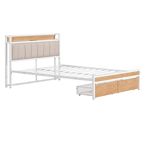 Softsea Full Bed Frame With Storage Drawers, Metal Platform Bed With Upholstered Headboard And Charging Station, Heavy Duty Mattress Foundation, Under Bed Storage, No Box Spring Needed #TOP4