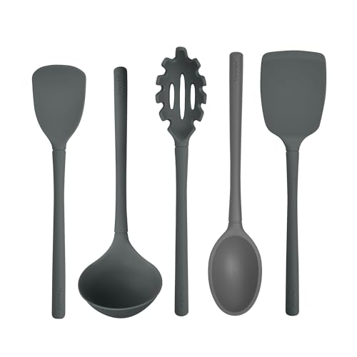 Tovolo Silicone Kitchen Utensils Set of 5 Solid Turner Spoon Pasta Claw Ladle and Scoopula Charcoal Gray Silicone Cooking Utensil Set Dishwasher Safe Heat Resistant BPA Free Non Toxic Utensil Set