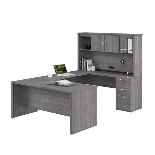 Bestar U or L Shaped Desk with Drawers and Hutch, Executive Workstation for Home or Professional Office, 66 Inches, Logan Collection, Bark Grey