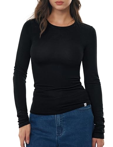 Image of Women's Merino Wool Blend Shirts Long Sleeve Tops Crew Neck Fitted Basic Tee Cozy Embrace Collection