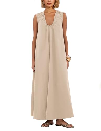 Image of Women Flowy Maxi Dress Ruched Sleeveless Long Dress Vacation Fashion Summer Casual Loose Fit Sundress with Pockets