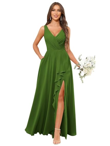 Image of HANVAIOS Long Chiffon V Neck Bridesmaid Dresses for Women Formal Dress with Pocket