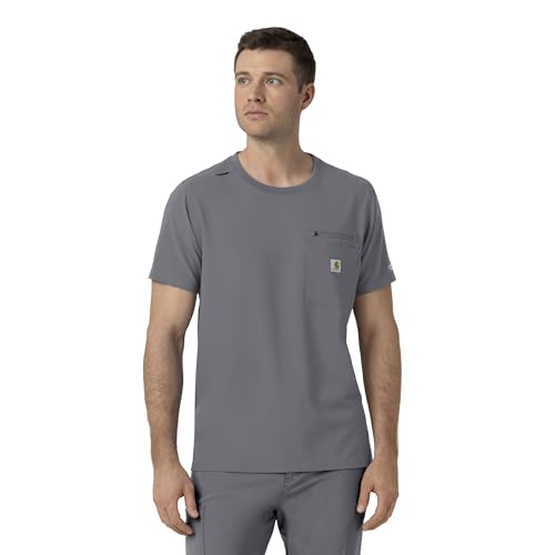 Carhartt Scrubs for Men Force Cross-Flex Crew Neck Tops with 2 Pockets Pewter