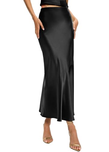TZLDN Satin Rock Damen Lang Hohe Taille Skirt Elegant Seide Midirock Herbst Winter Midi Business Rock mit Reißverschluss Trachtenrock Schwarz...