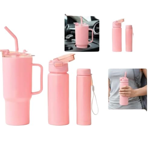 Image of Large Handle Water Bottle with Straw for Desk, Office, Travel - 1200 /900 /300 ML Gradient & Matte Hydration Bottle Set (plan pink)