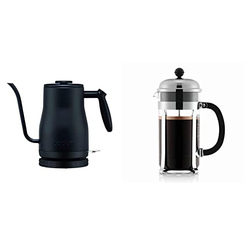 Bodum 11940-01US Bistro Gooseneck Electric Water Kettle, 34 Ounce, Black & 1928-16US4 Chambord French Press Coffee Maker, 1 Liter, 34 Ounce, Chrome