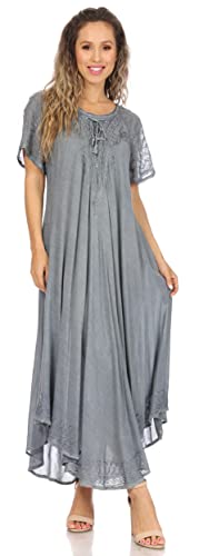Image of Sakkas Egan Long Embroidered Caftan Dress /Cover Up with Embroidered Cap Sleeves