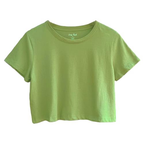 Image of Womens 100% Cotton Crop Tops Short Sleeve Crewneck Loose Fit Basic Tee Summer Casual Workout T-Shirt Fashion Clothes